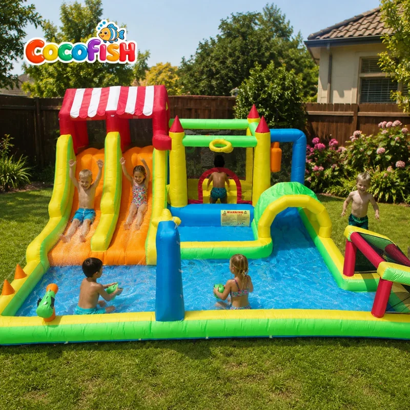 Cocofish Cocofish Backyard Summer Water Park Carnival Themed Inflatable Bounce Castle with Double Slide & Water Guns for Kids