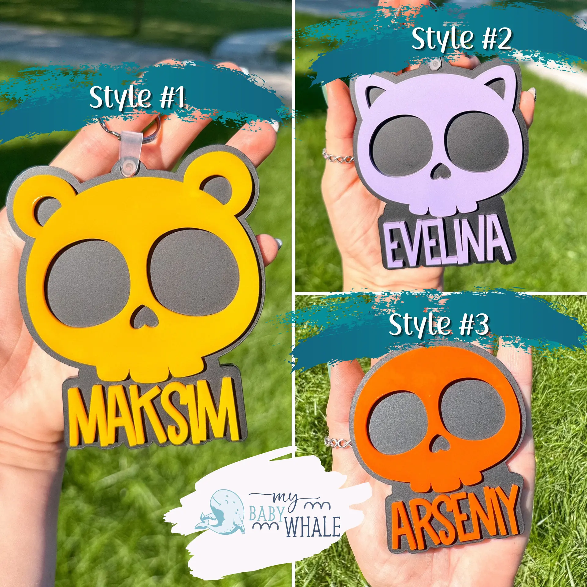 Custom Name Cartoon Skull Cat Ear Acrylic Keychain Personalized Halloween Keyring Backpack Tag Bag Charm Pendant Gift for Kids