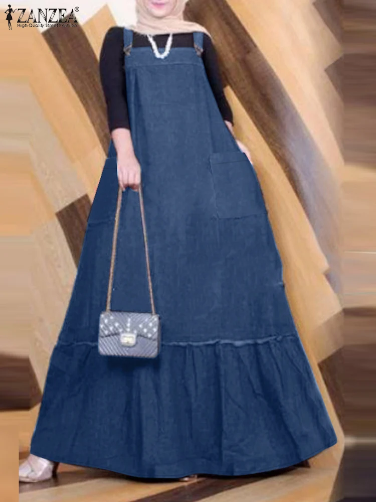 ZANZEA ผู้หญิง 2025 ฤดูร้อน Abaya DENIM Blue Ruffled Hem แขนกุดหลวมสบายๆโดยรวมชุดมุสลิมอิสลาม Suspender Vestidos