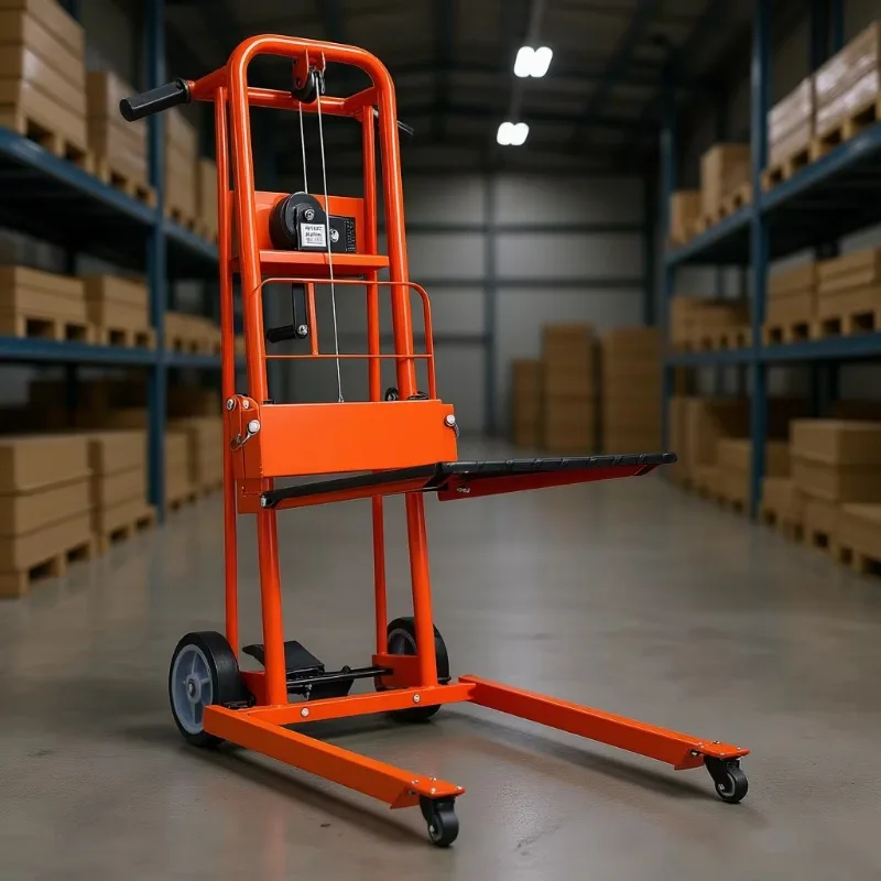 Winch Stacker Pallet Truck 42.9 Inch Max Lift Height 330 lbs Load Capacity, Wire Rope, Orange, Material Handling Equipment