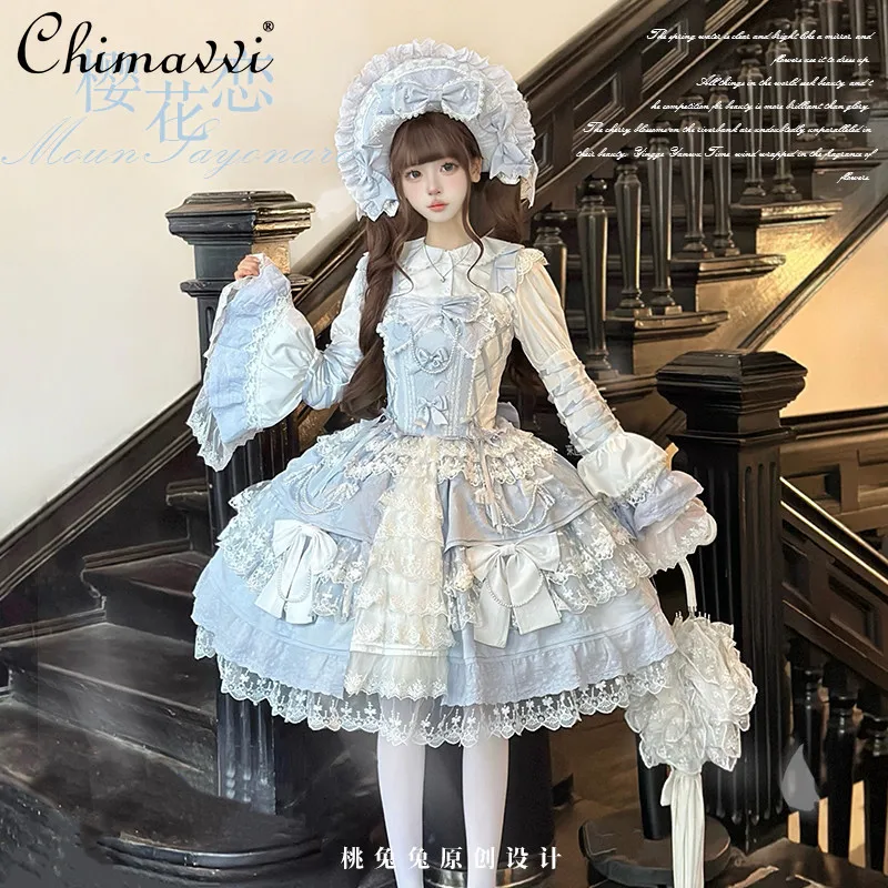 

Original Design Doll-like Vintage Lolita Dress Set Heavy Gorgeous Sweet and Elegant Lace Jsk Dress with Long-sleeved Blouse