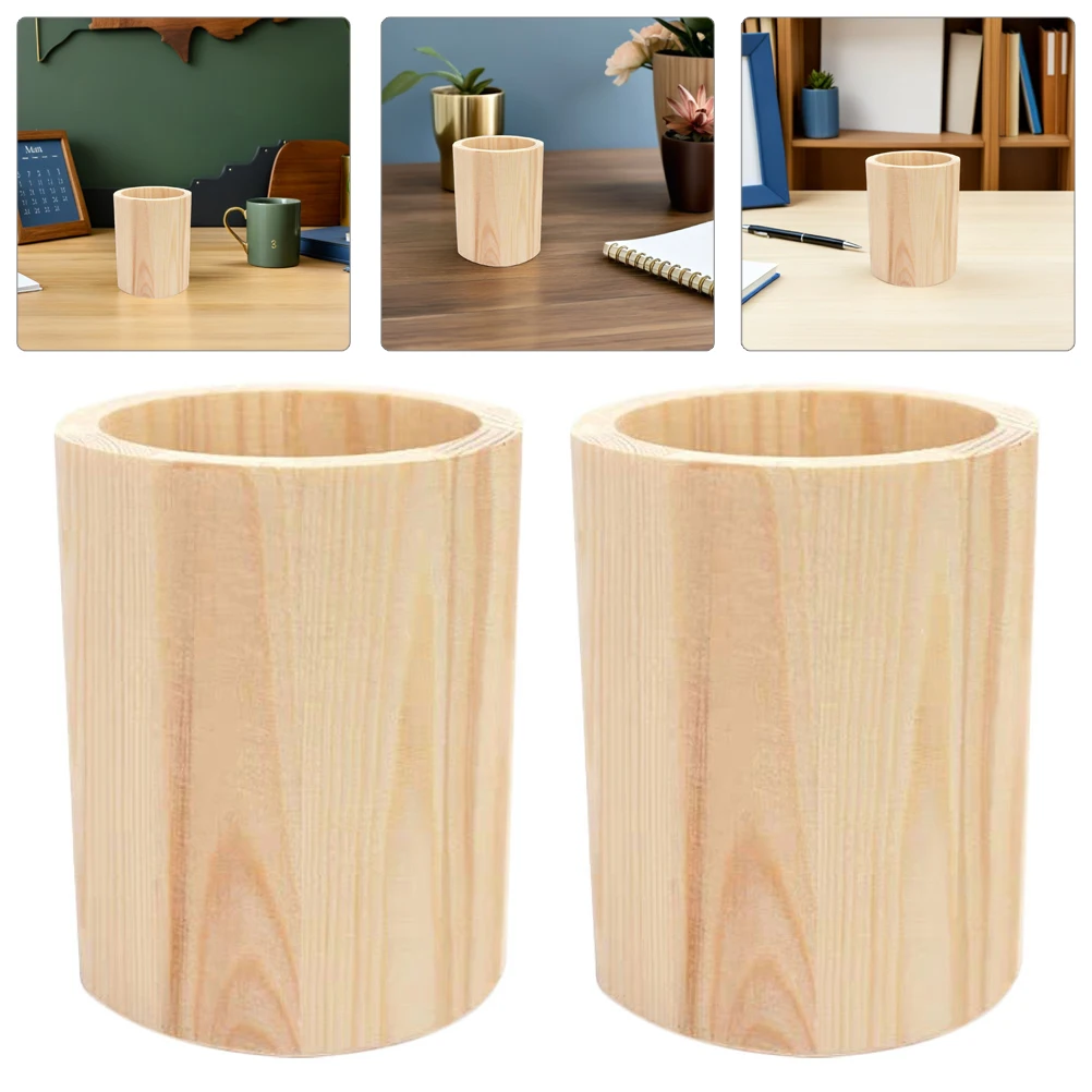 

2pcs Wooden Pencil Cup Desktop Organizer For Stationery Pens Makeup Brushes Storage Wood Pen Holder Desk Home Office Decor