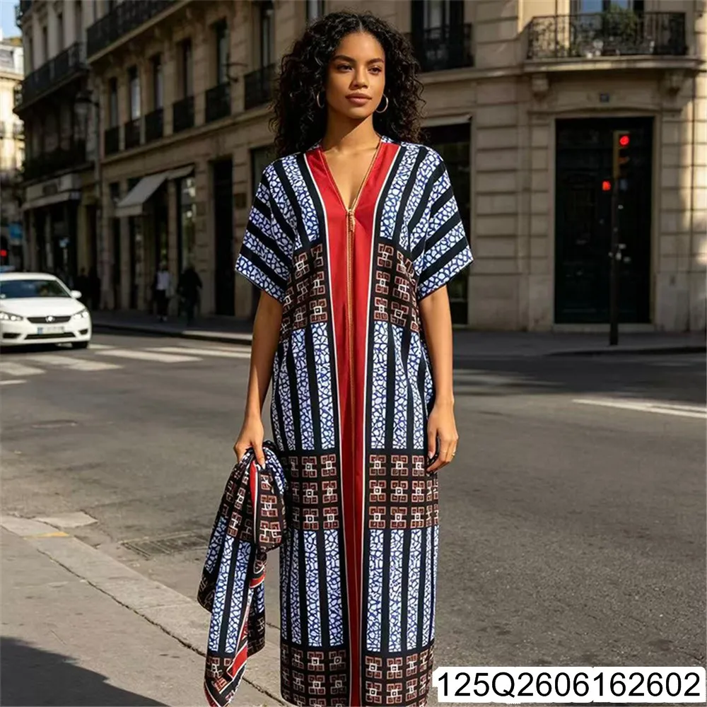 2026 African-style Printed Dress for Women, V-neck Loose Long Striped Vacation-style Plus-size Slimming Robe 125Q26061626