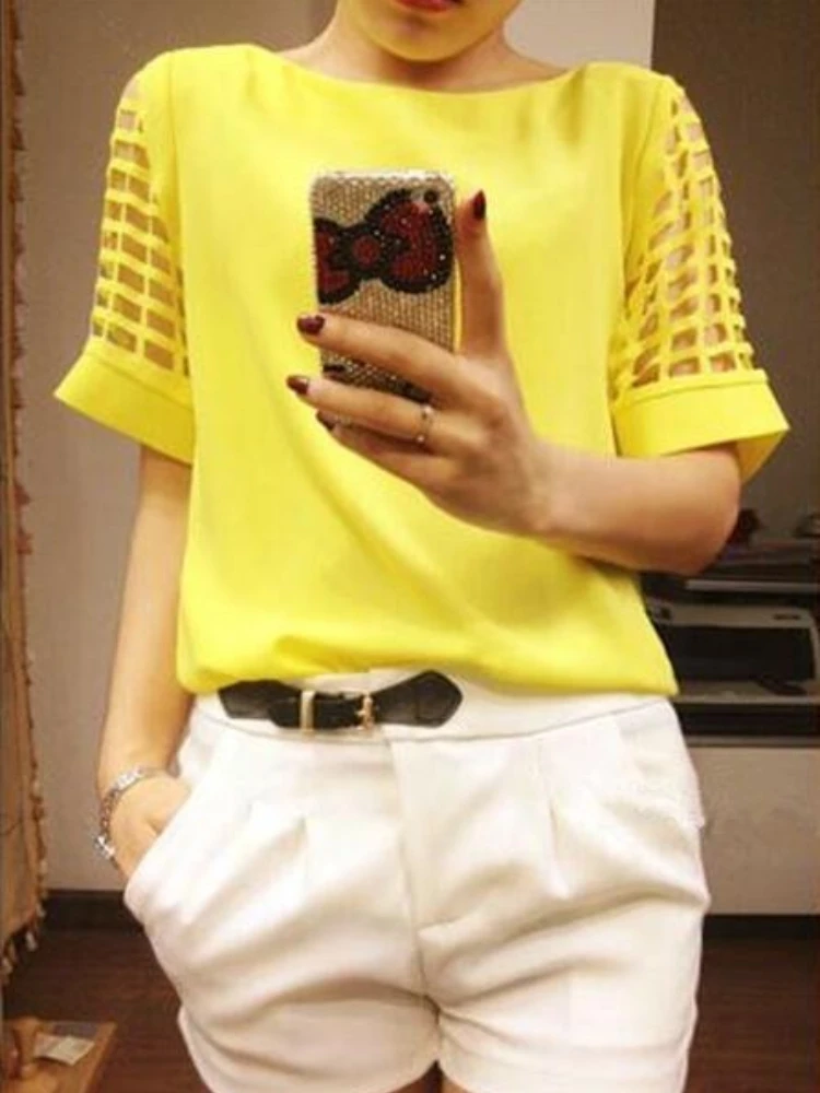 Summer Blouse Sexy Women Ladies Hollow Sleeve Slash Neck Loose Solid Shirts Casual Tops