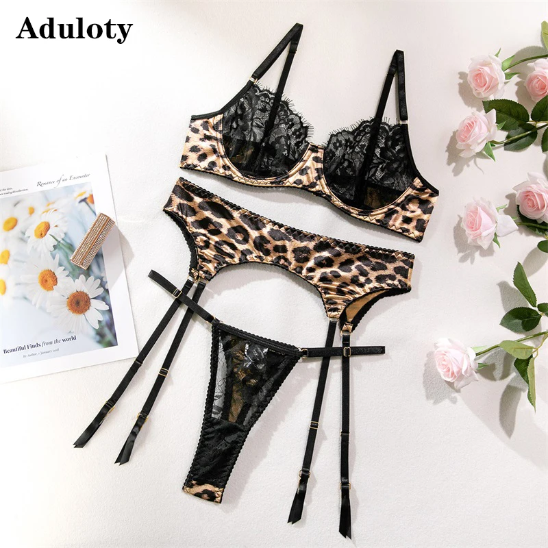 

Aduloty Women Sexy Lingerie Thin Mesh Perspective Leopard Pattern Lace Splice Erotic Underwear Underwire Bra Set of Three