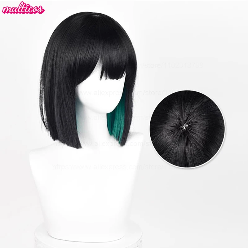 High Quality Anime Sua Cosplay Wig 30cm Black Green Mixed Bobo Heat Resistant Synthetic Hair Halloween Role Play Wigs + Wig Cap image 3