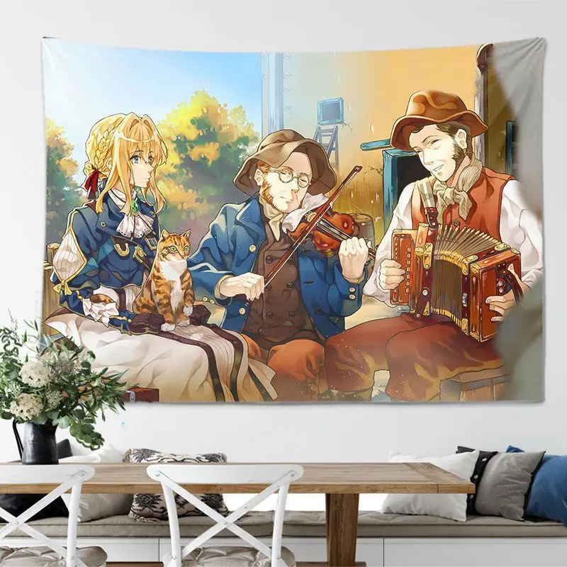 VIKAMA Violet Evergarden Anime Aesthetic Tapestry Kawaii Cartoon Wall Hanging Teen Dorm Bedroom Otaku Room Home Polyester Cloth