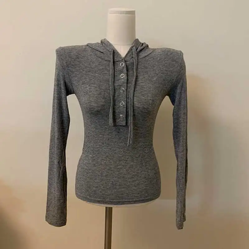 Camiseta larga ajustada Sve para mujer, Sudadera con capucha fina y transpirable con microtranslúcido y botones, mezcla de poliéster y algodón suave y cómoda