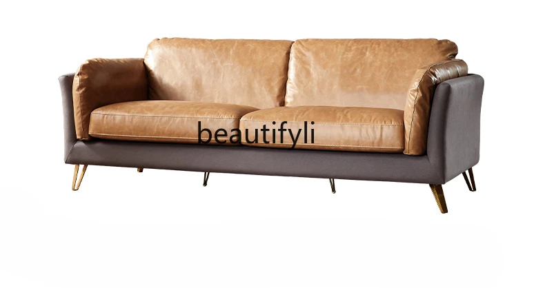 

Modern Simple Leather Sofa Small Apartment Nordic Living Room Retro First Layer Cowhide Cloth Italian down Three-Seat Sofa