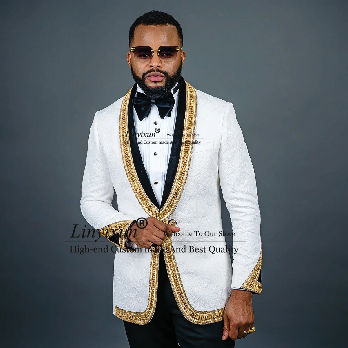 

Luxurious Jacquard Metallic Beaded Men Suits Wedding Prom Groom Tuxedos 2Pieces Bridegroom Prom Blazers Slim Male Disfraz Hombre