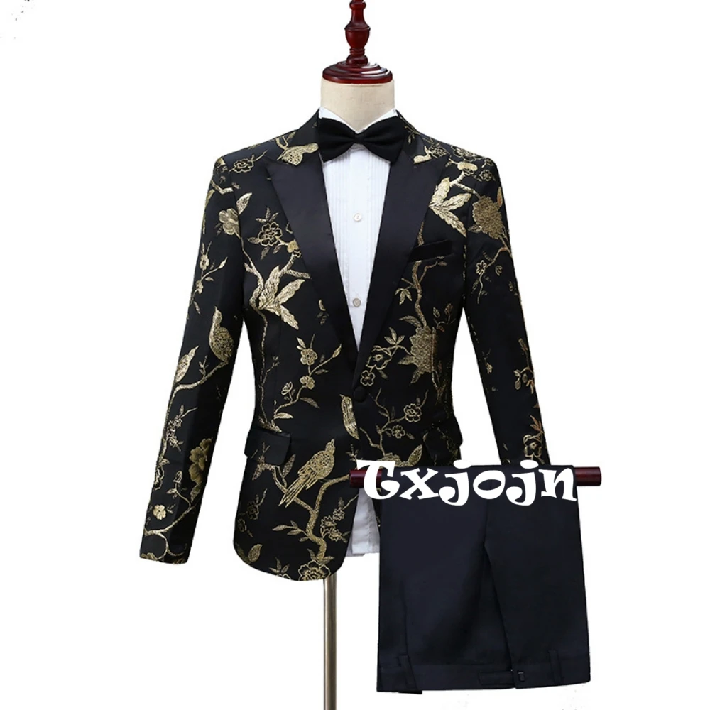 Setelan Jas Jacquard Mewah Terbaru 2026 2 Potong Untuk Pria Pakaian Menari Tampan Klasik Kerah Runcing Tuxedo Pria Pakaian Pesta Perjamuan