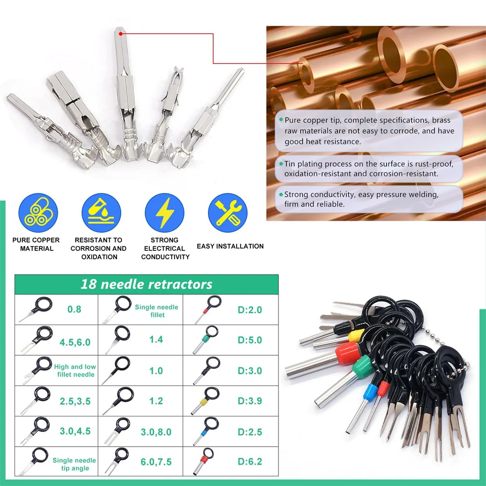 535 Stück Auto-Kabelanschlussstifte, 1/1,5/1,8/2,2/2,8/3,5 mm, nicht isolierte Stecker, Demontage von männlichen und weiblichen Crimpstiften – Detail 5