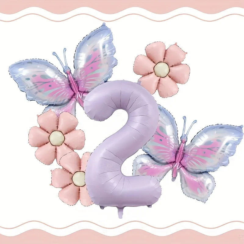 6-teiliges Farbverlauf-Schmetterling-Gänseblümchen-Ballonset 40 Zoll Lila Nummer 1-9 Geburtstagsballon Geburtstagsparty-Dekoration