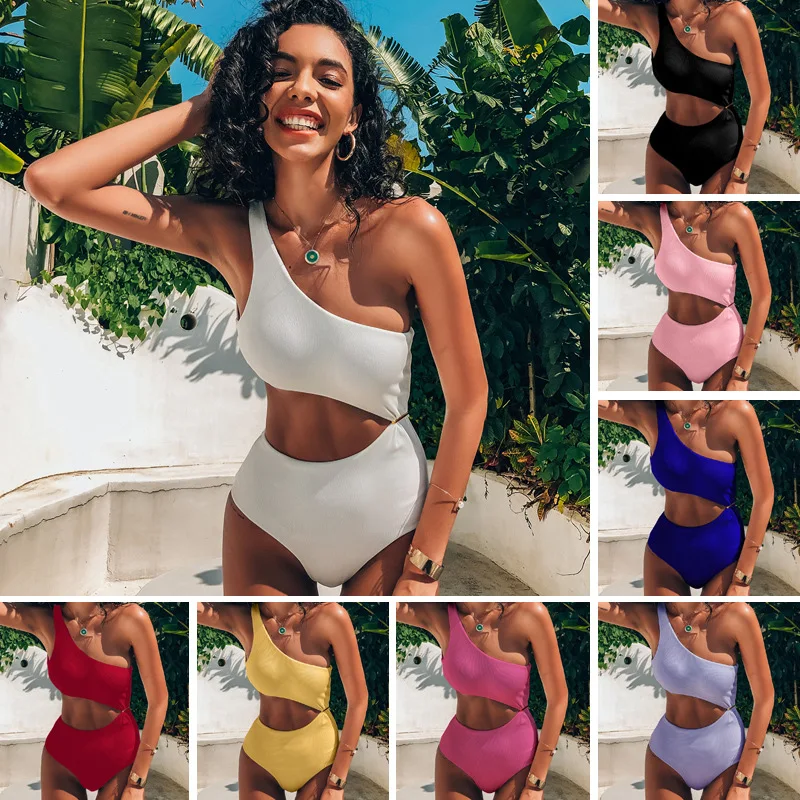 

New Swimsuit Sexy Bikini Swimsuit Women's One Shoulder One-piece High Waist Solid Colorbikini