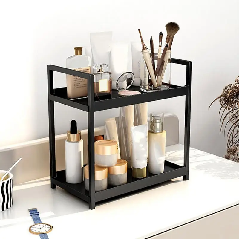 

2 tier Multifunctional Countertop Storage Rack,Bathroom cosmetic Storage,Kitchen spice holder,Large-Capacity,Black and white