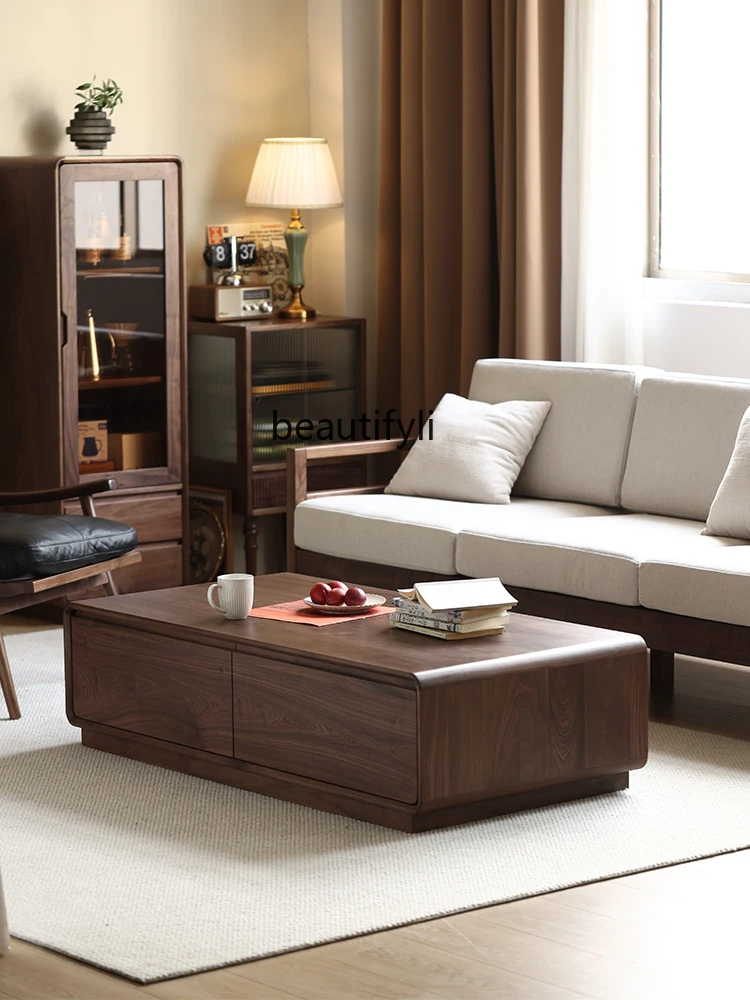 

North America Black Walnut Wooden Tea TV Cabinet Unit Nordic Small Apartment All Solid Wood Tea Table Coffee Table