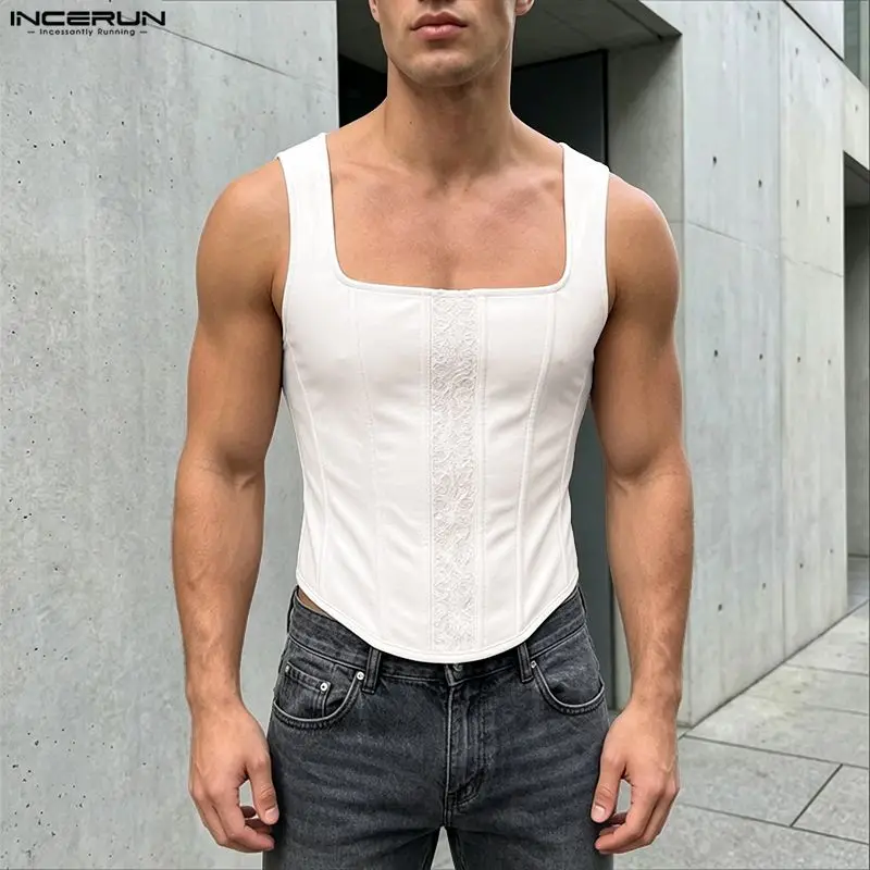INCERUN Herren Tanktops mit Spitzen-Patchwork, eckigem Kragen, ärmellose Westen, Sommer-Streetwear 2026, modische sexy Crop-Tops für Männer