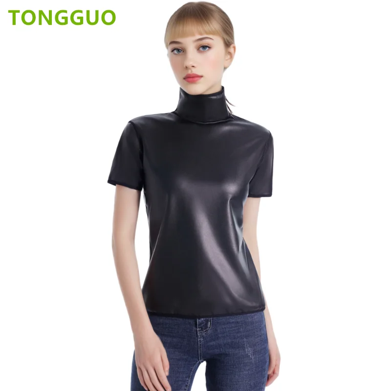 

Крутая женская облегающая футболка из искусственной кожи с высоким воротником и короткими рукавами, топ, формирователь талии, тонкая футболка, модная тонкая корректирующая одежда
