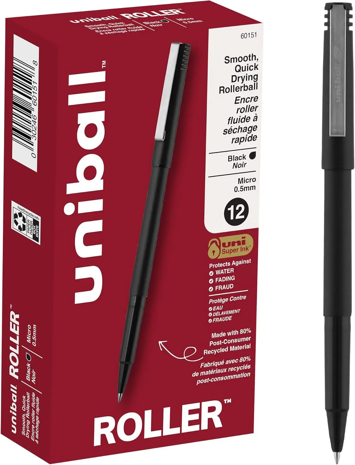 

Rollerball Pens, Micro Point 0.5mm, Black, 12 Pack, Quick-Dry Ink, Smooth Writing