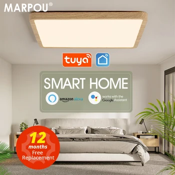 MARPOU Tuya חכם LED תקרת מנורת עץ תבואה App בקרת קול Alexa/Google מרחוק בקרת כיכר תקרת אורות סלון חדר