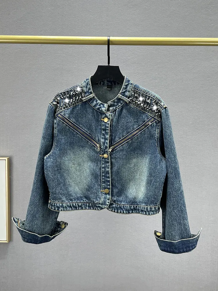 

Модная джинсовая куртка свободного кроя с бриллиантовыми украшениями, женская, новинка осени 2023, утягивающая, в европейском стиле INS, топ