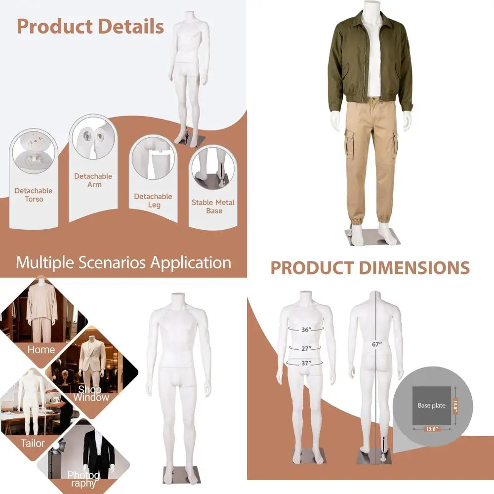 

67 Tall Full-Body Male Mannequin with Metal Base, Detachable Limbs for Sewing, Tailoring, Display, Photography