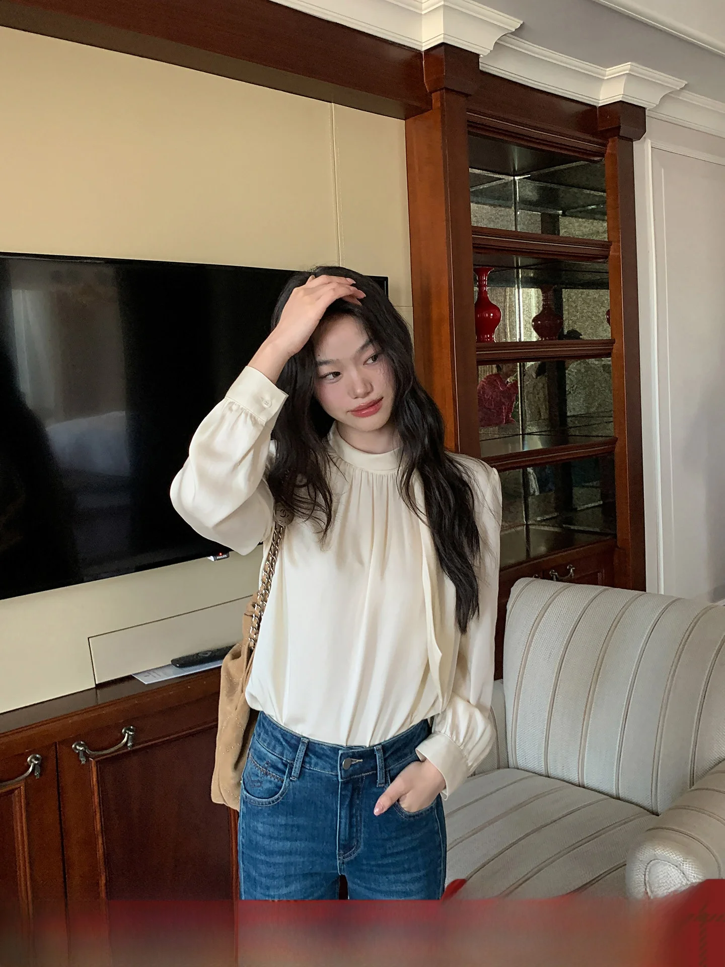 

Женская блузка Ele Sweet Sle с пышными рукавами, новинка весенней коллекции, плиссированный шифоновый топ, модный повседневный наряд