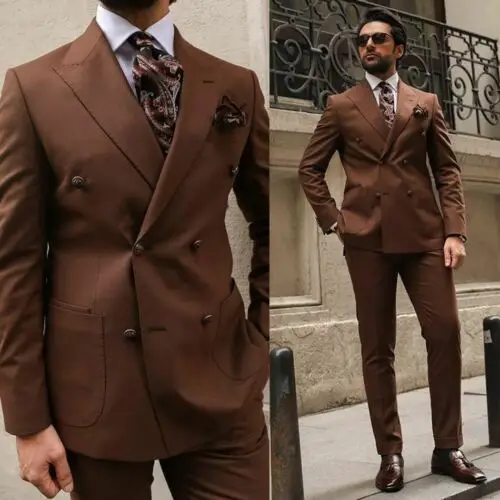 

Handsome Brown Men Suits Peak Lapel Double Breasted Groom Formal Tuxedos Blazer Wedding Tuxedos Business 2Pieces Jacket Pants