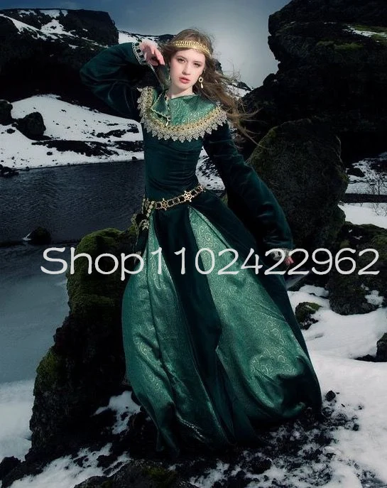 Emerald Green Velvet Eowyn Renaissance Medieval Prom Dresses Fairy Long Sleeve Movie Theater Costume Evening Outfit Gown