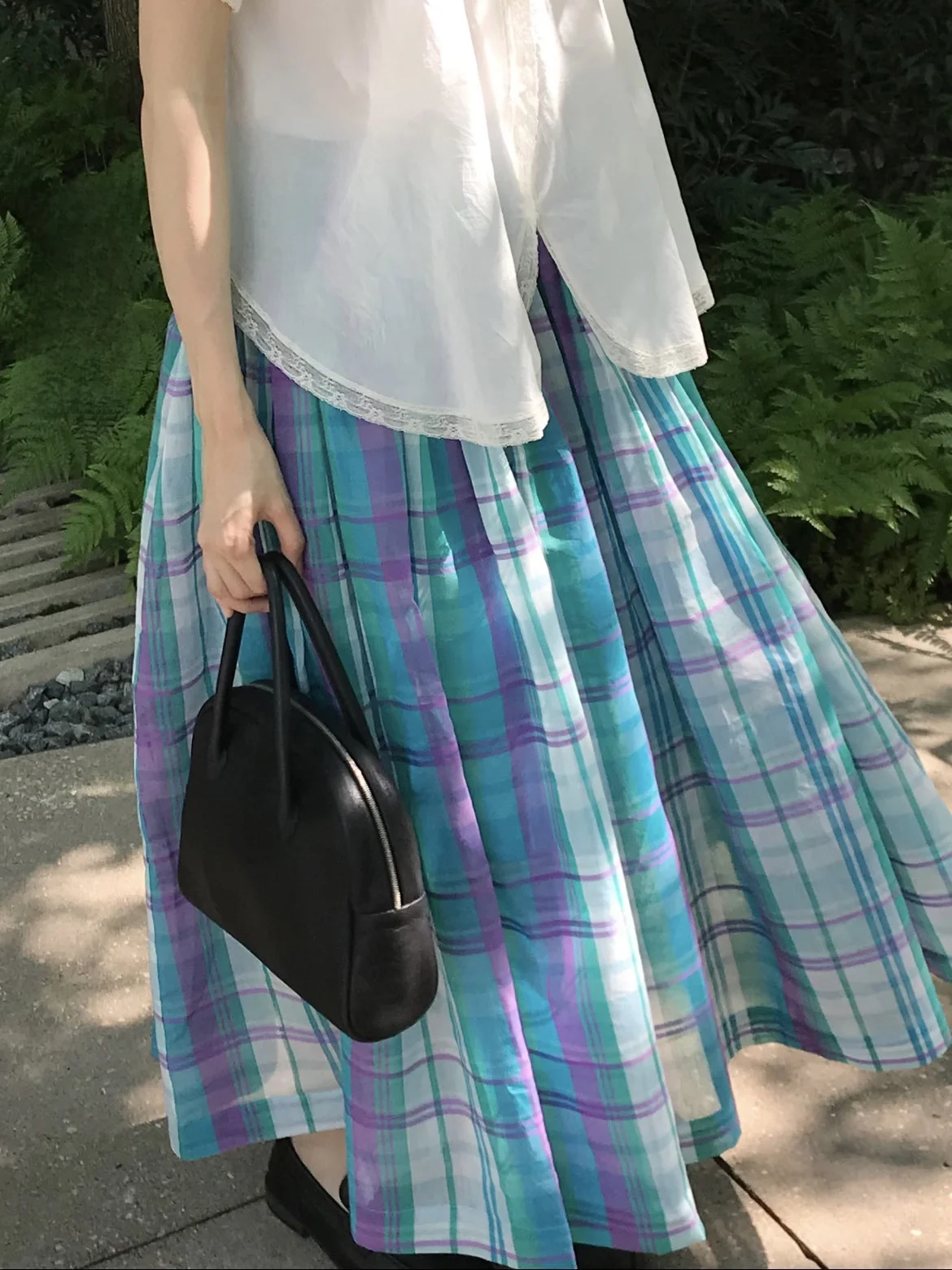 

Heidd Mid-Length Silk Blend Plaid Skirt Spring Summer Atmosphere Blue Green Grid High Waist A-Line Skirt Ladies Commute
