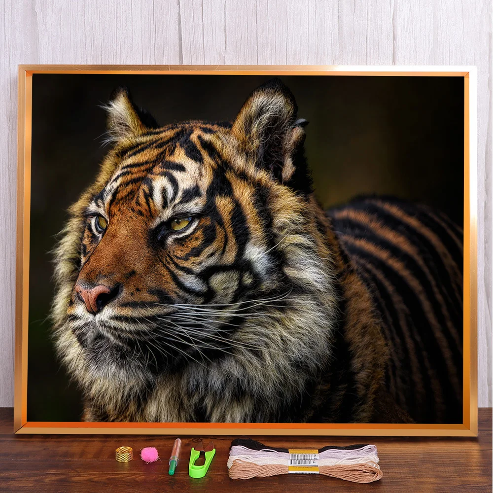 Animal Tiger Printed Fabric Cross Stitch DIY Embroidery Complete Kit Handmade Handiwork Craft Painting Package Promotions Floss