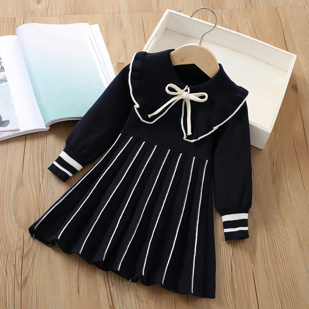 Autumn/Winter Girls' Clothing 1-5 Y Children's Elegant Turn Down Collar Sweater Dress Girls Outfit Kid's Fashion Kintted Dress