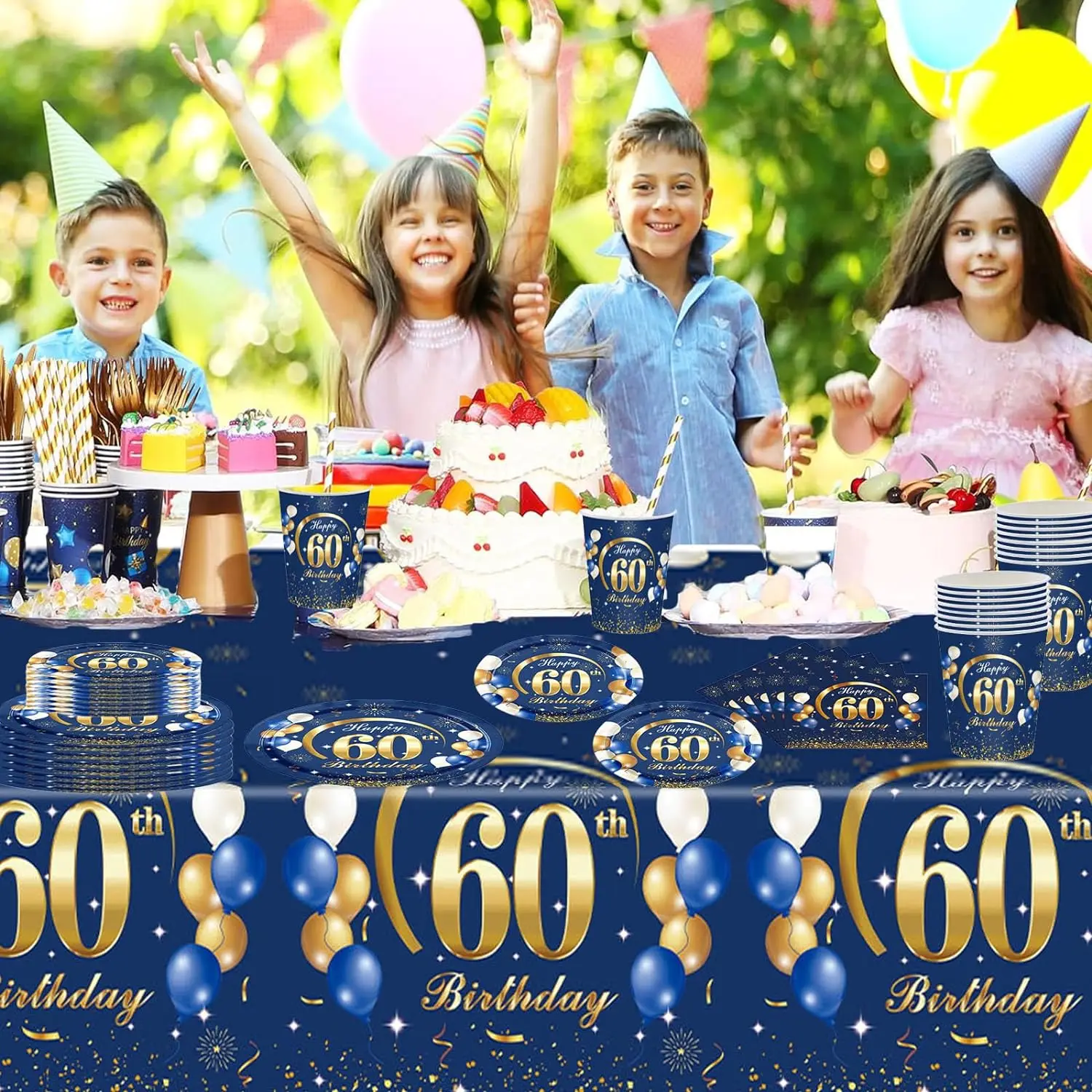 Navy Blue Gold 60th Birthday Decorations Happy 60th Birthday Tablecloth Paper Plates Napkins Cups Set 60th Birthday Table Women