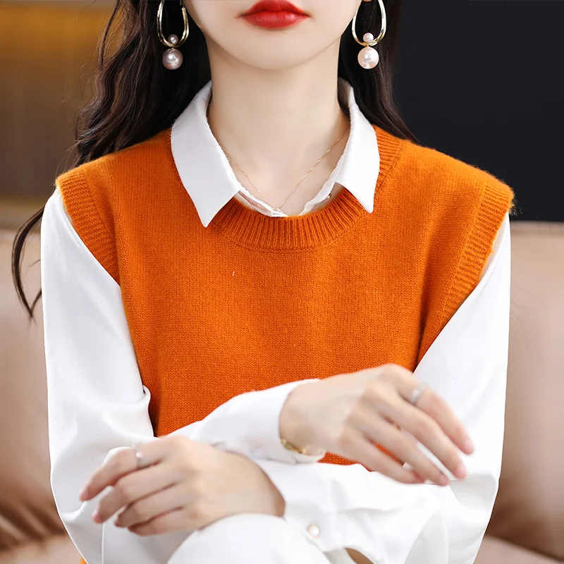 Women's round Neck Knitted Vest Loose Sleeveless Top  Color Slim Fit Outerwear Shirt New Arrival Commute Style