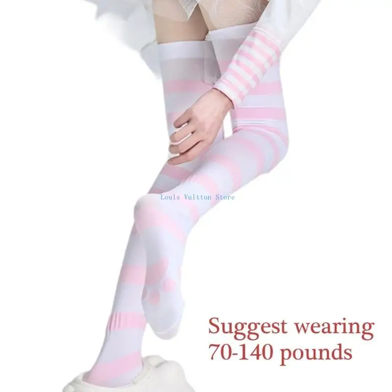 L5yb feminino japonês listrado coxa meias altas anime menina bonito gatos garra impressão sobre o joelho meias longas cosplay