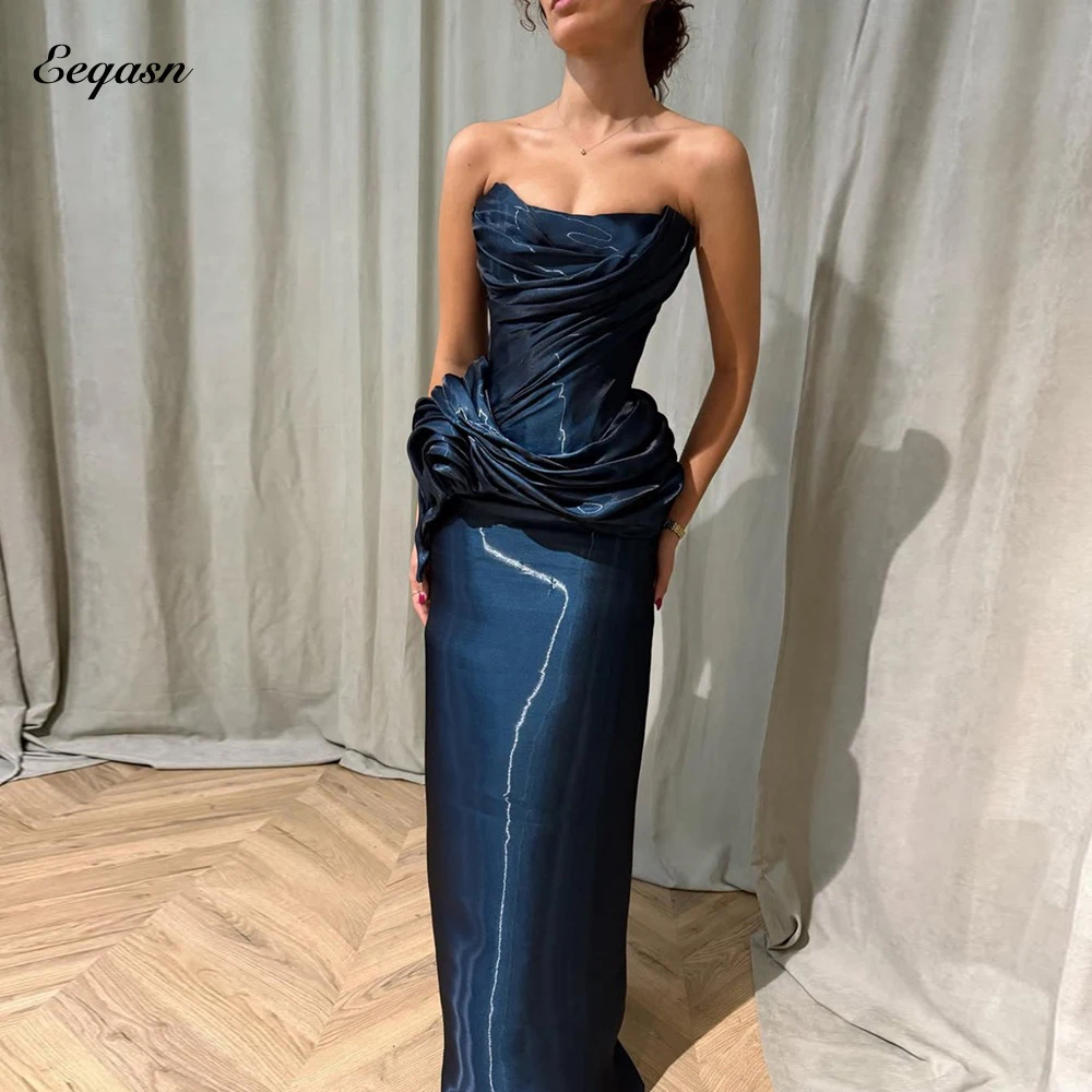 

Navy Blue Evening Dresses Shiny Satin Strapless Vestidos Para Mujer Elegantes Long Mermaid Cocktail Party Gowns Customized