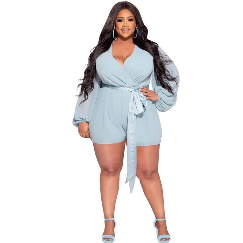 Summer Plus Size Women's Solid Chiffon Fashion Sexy Jumpsuit with Adjustable Belt Loose Romper Shorts Women Clothes 2024 4XL 5XL