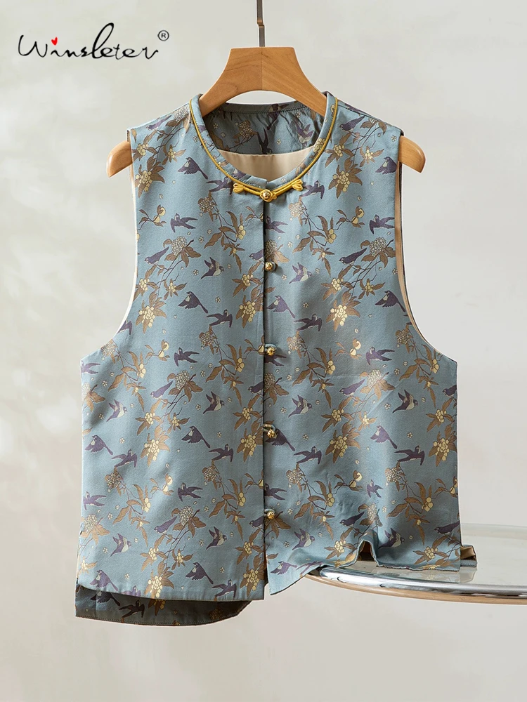 

Winsleter-100%Real Silk Song Brocade Elegant Vest Coat, O Neck Buttons, Women Retro Temperament Waistcoat, 2025 Autumn C5O096CC