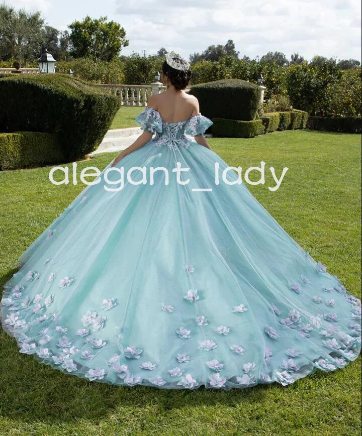 Vestido de baile de Quinceañera con hombros descubiertos, apliques florales, corsé, corsé, fiesta de graduación, 15 años