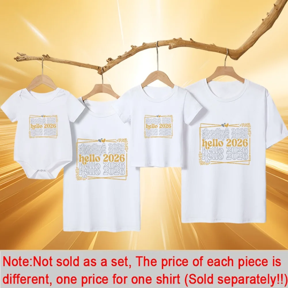 مرحبا 2026 سنة جديدة سعيدة الأسرة تي شيرت الأبيض المحملة القمم الأسرة الأسرة السنة الجديدة مطابقة القمم الزي عطلة ملابس للحفلات