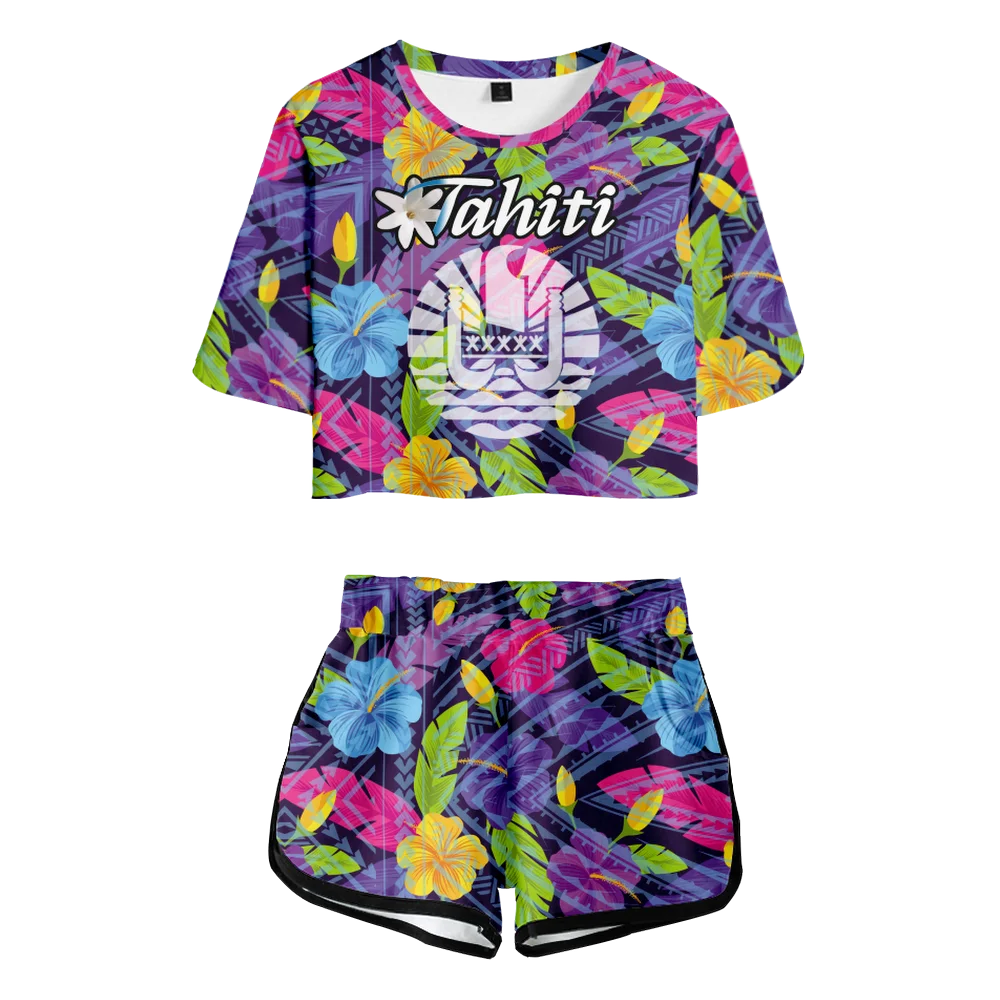 

Tahiti Tribal Flower Turtles Colorful Leaves Two Piece Sets Womens Cool Print Girls Shorts Tshirt Shorts Womens Tracksuit Suit