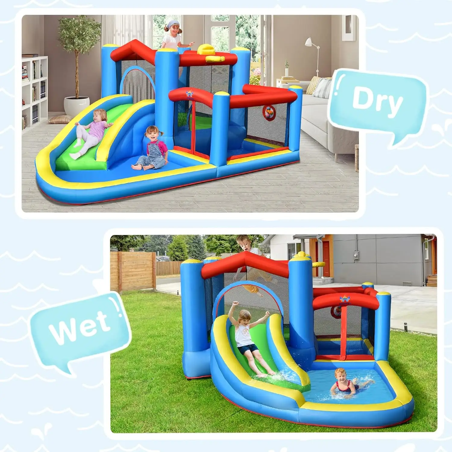 Inflatable Water Slide with 480w Blower, 6-in-1 Toddler Giant Blow Up Bouncy Water Park w/Target Ball&Climb, Water Bounce House
