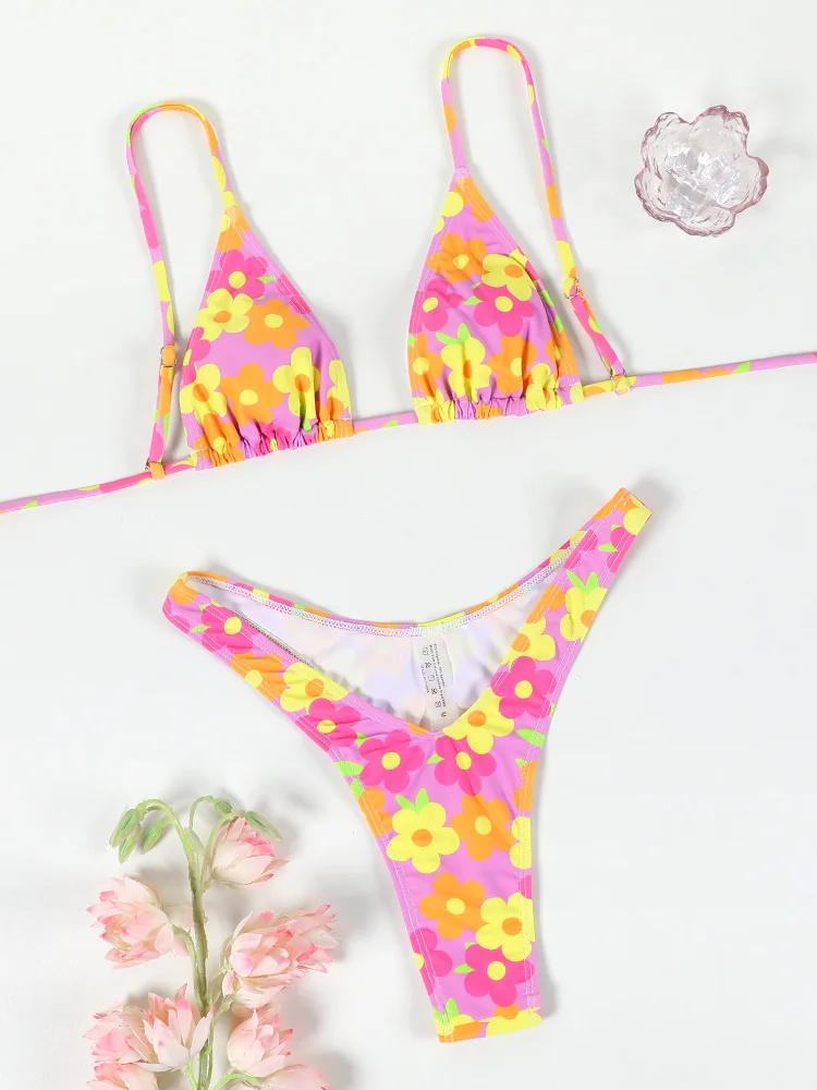 Miyouj Floral Bikinis Sexy Swimsuit Women Triangle Bikini Set Micro Thong Low Waist Beachwear Two Piece Sexy Bath Suit Biquini