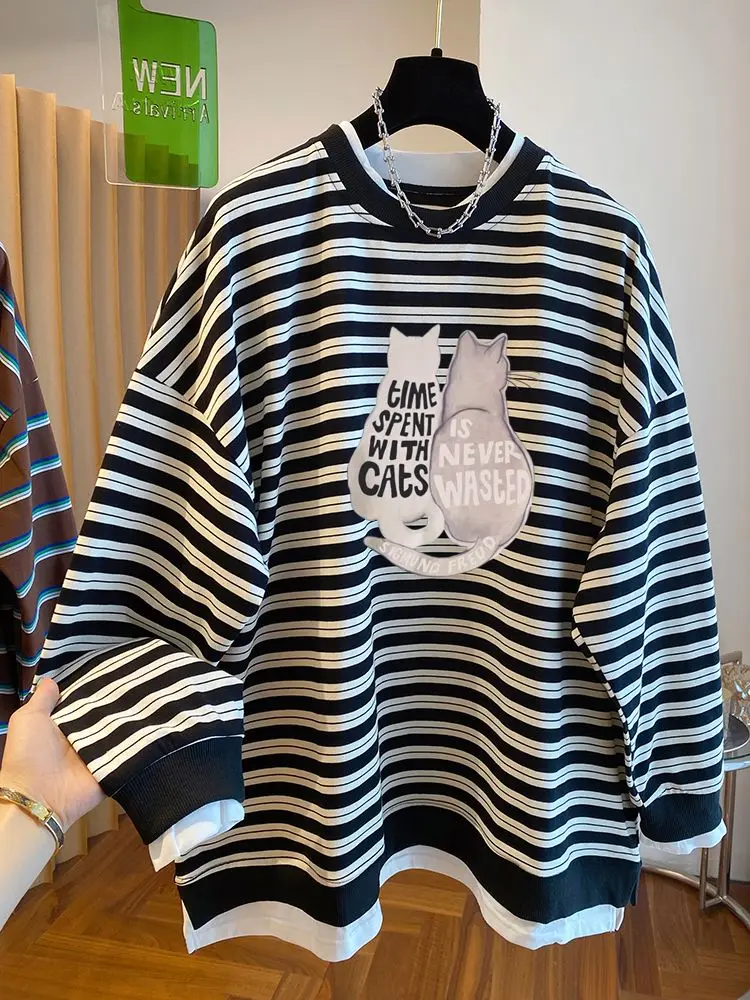 

plus Size 300 Pou Faionable Striped Mo Two-Piece Hoodie Women's Loose Fit Autumn New Sle Cartoon Versatile Top Trendy