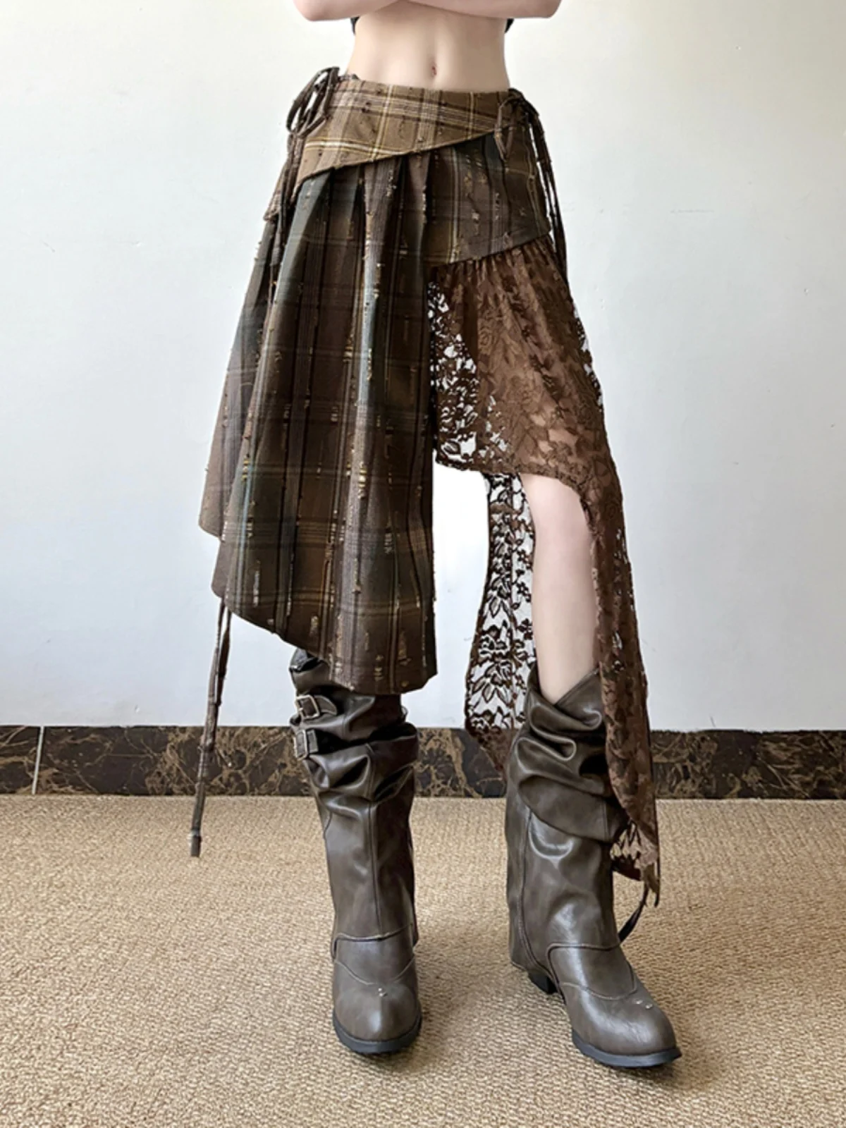 Low Waist Plaid Lace Splicing  Skirt Asymmetrical Hem Vintage Sle Women's Polyester Skirt A-Line Skirt Romore