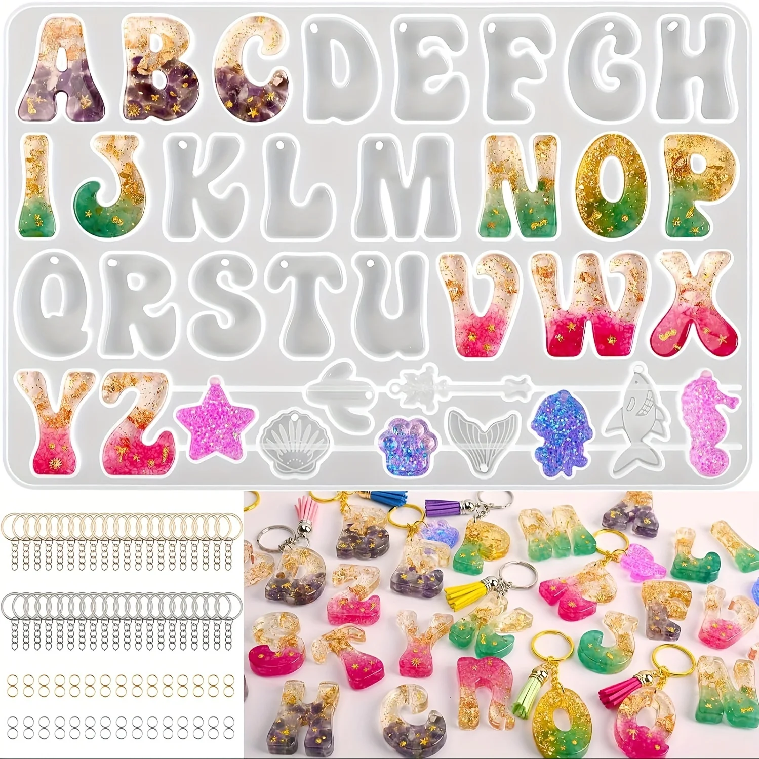 Letter shaped silicone casting mould set for DIY keychains and jewellery pendants, epoxy resin moulds with hanging holes