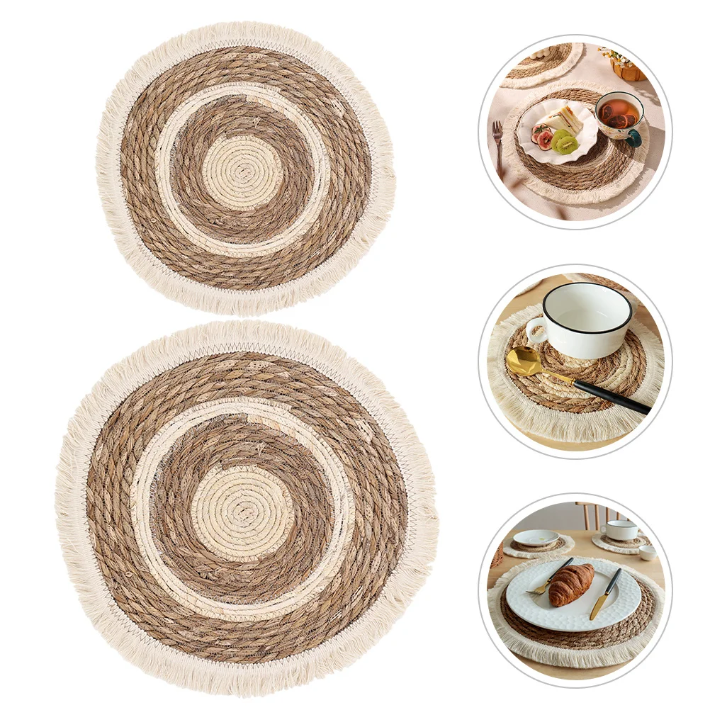 

2Pcs Woven Bowl Placemat Heat Insulated Pad for Plates Pots Cotton Rope Coaster Round Table Mat for Home Kitchen Decor