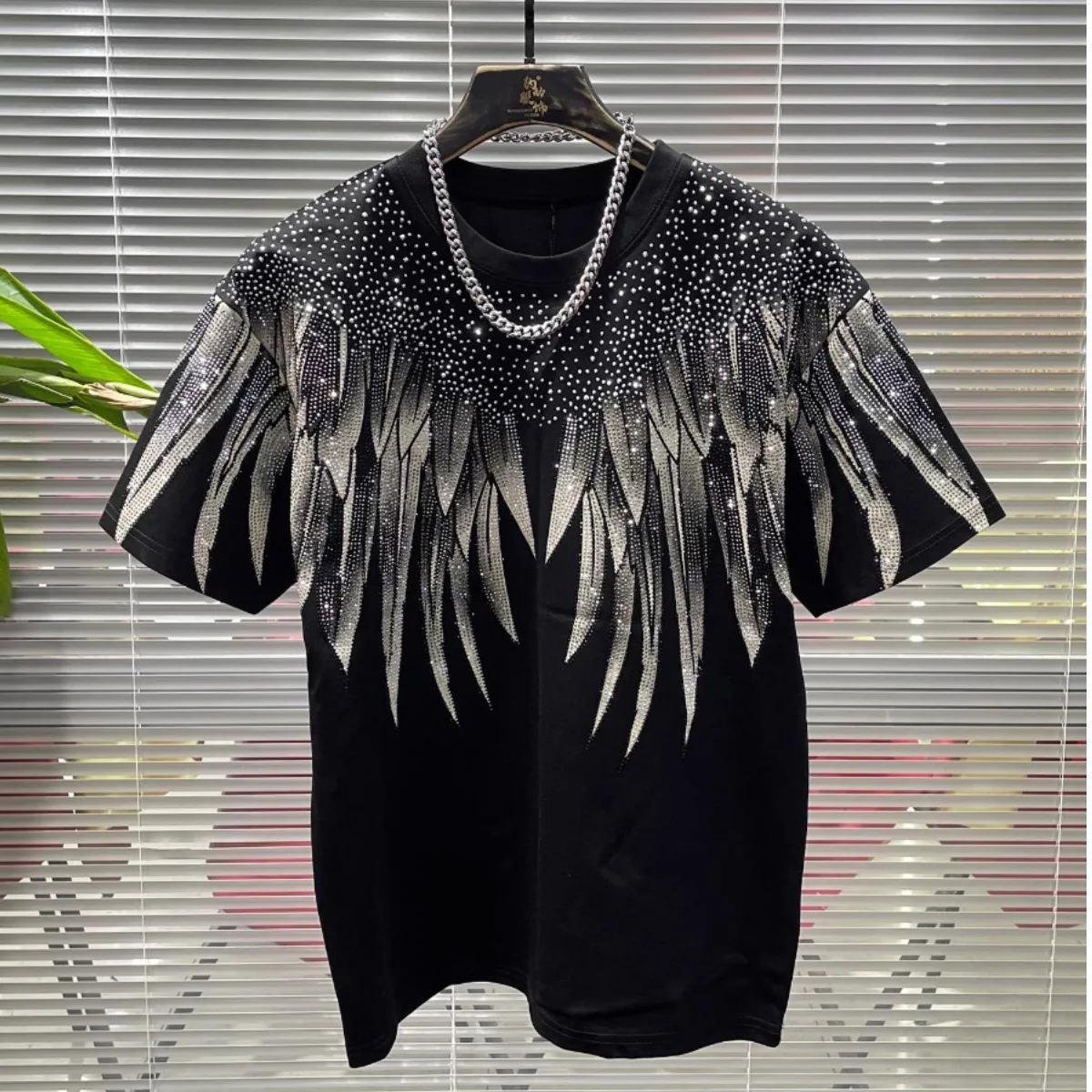 Men Rhinestone Short Sleeve T Shirt Loose Fit Casual Tops Sparkling Rhinestone Decor Daily Streetwear Summer Tee for Male