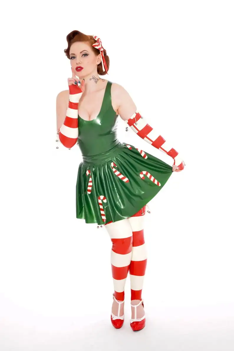 Latex Fetish rubber sexy suit handmade cosplay Christmas Latex Candy Cane Dress and Accessories