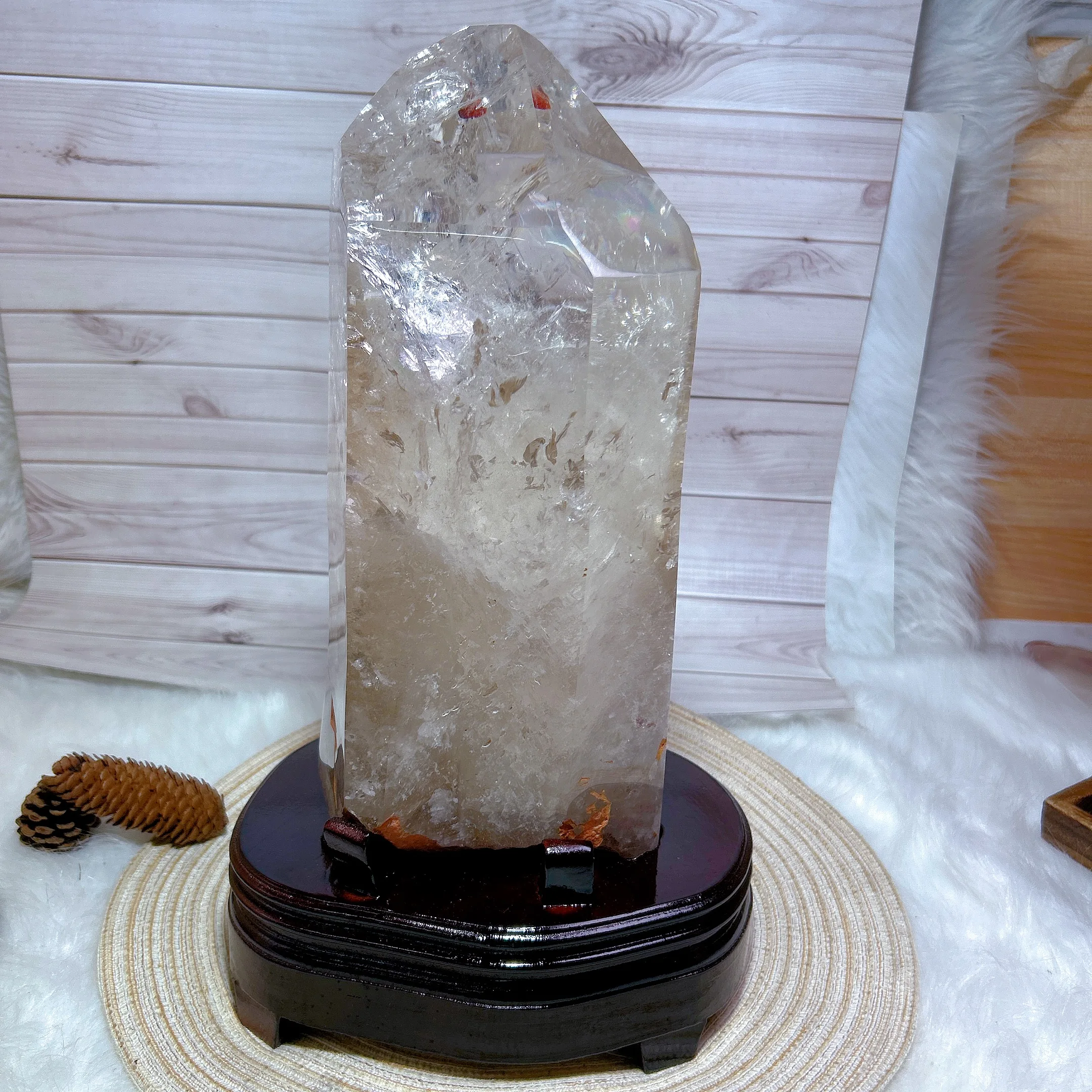 

Rare Natural Brazil Crystal Rainbow Clear Quartz Super Tower Raw Stone Give Wood Stand Healing Energy Ornament Room Decor Gift